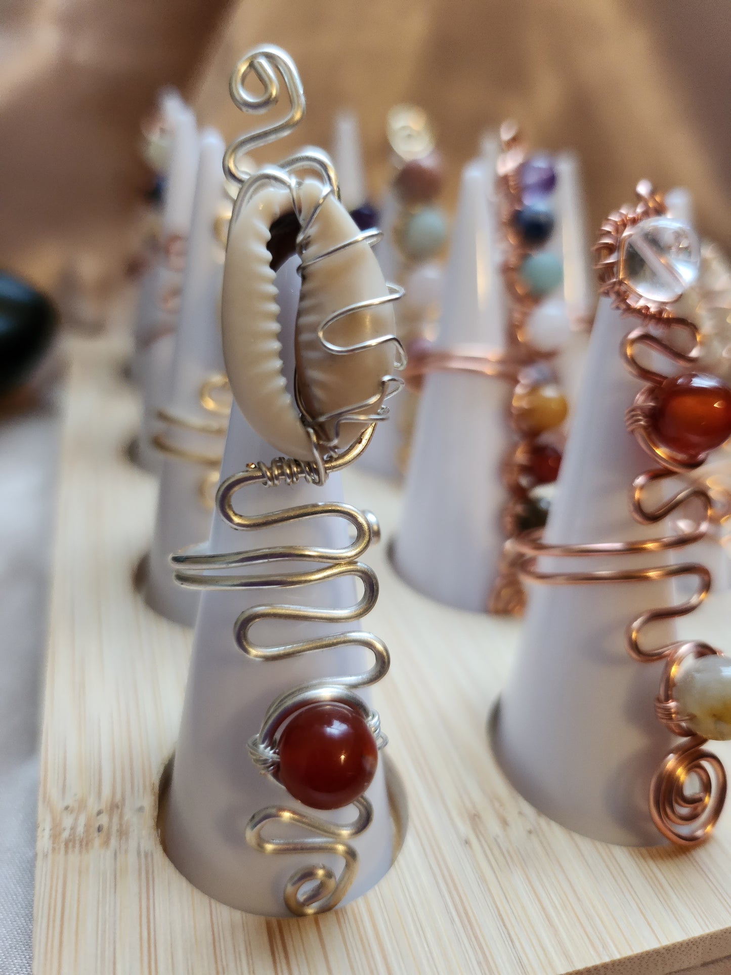 Crystal-Infused Cowrie Shell Ring, Healing Crystal Beads Jewelry, No Tarnish Copper Wire Ring, Adjustable Cowrie Shell Ring, Empowering Crystal Jewelry, Divine Energy Accessory, Unique Handmade Ring, Cowrie Shell Charm Crystal Beauty