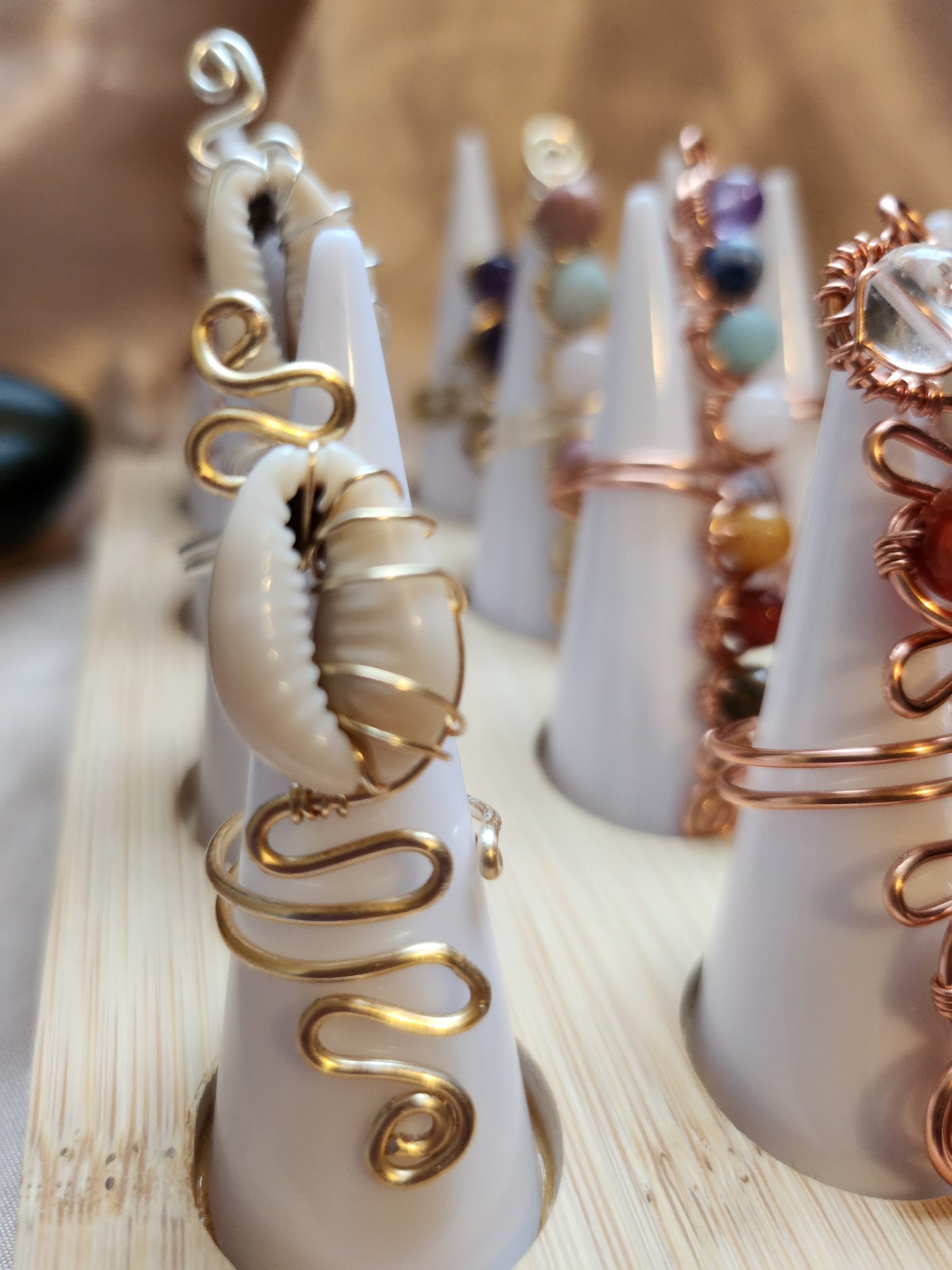 Crystal-Infused Cowrie Shell Ring, Healing Crystal Beads Jewelry, No Tarnish Copper Wire Ring, Adjustable Cowrie Shell Ring, Empowering Crystal Jewelry, Divine Energy Accessory, Unique Handmade Ring, Cowrie Shell Charm Crystal Beauty